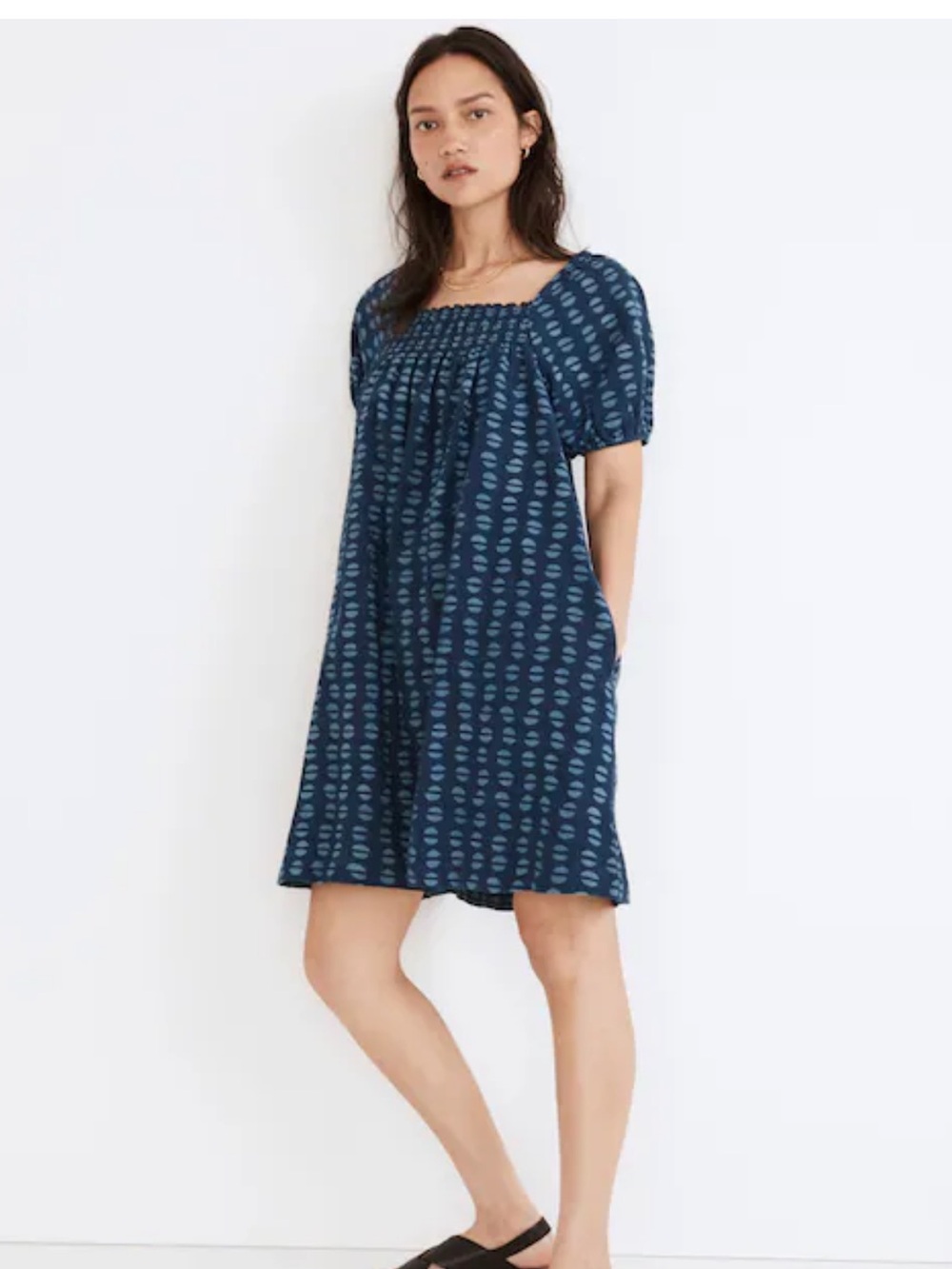 Madewell Puff-Sleeve A-Line Mini Dress in Indigo Block Print Women’s XL Beachy